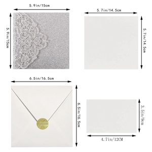 Laser cut glitter wedding invitation set with dimensions for cover, inner sheet and envelope