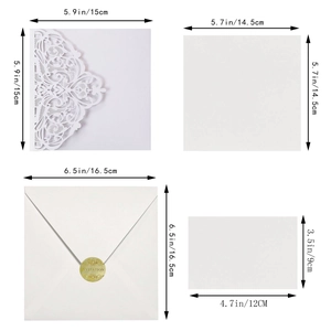 Detailed dimensions of laser cut floral wedding invitation set with envelopes