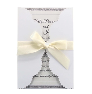 Elegant Laser Cut Invitation Cards Artificial Pearl Paper Hollow Scalloped Edge Ribbon Bow For Wedding Party Anniversary Religious Ceremony