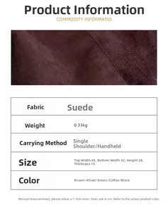 Vue détaillée de la texture en daim et dimensions du produit pour ce grand sac à main