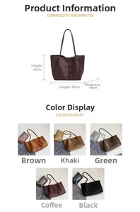 Vue détaillée de cinq sacs cabas unis avec dimensions 45x28x15cm et pochette interne