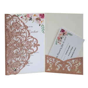 Detailed laser-cut glitter wedding invitation set with rose gold pocket and floral cards