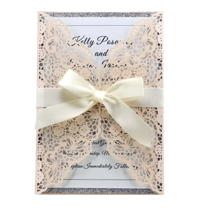 Elegant Laser Cut Floral Wedding Invitation Cards Artificial Pearl Paper Hollow Out With Ribbon Bow For Engagement Party Supplies