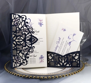 Detail of laser cut navy blue wedding invitation with glitter finish and wishing well card