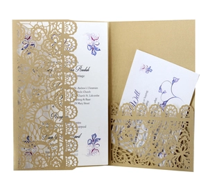 Elegant champagne gold laser-cut lace wedding invitation set with pearlized finish