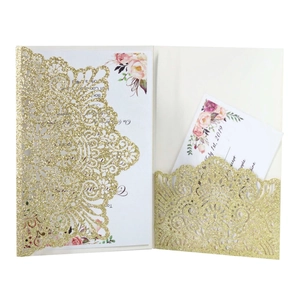 Luxurious gold glitter laser-cut wedding invitation set with floral inner cards