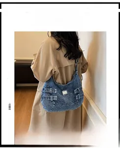 Large capacity navy blue denim crossbody bag with functional zippers for daily commute