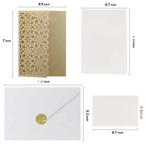 Detailed dimensions of navy laser cut wedding invitation with inner card and envelope