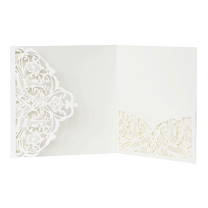 Detail of laser-cut lace floral pattern and foldable pocket on white invitation card