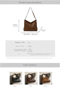 Detailed chart showing PU tote bag dimensions, 112cm strap length and color options