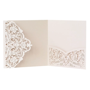 Detailed macro view of laser-cut floral pattern and pocket on cream lace wedding invitation