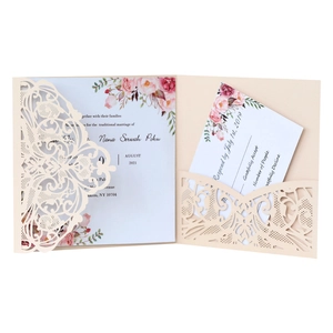 Detailed laser-cut wedding invitation set with floral inner card and RSVP card on white background
