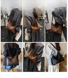 Collage of model showcasing various large capacity minimalist leather tote bags outdoors