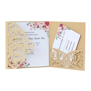 Laser cut champagne gold lace wedding invitation set with elegant floral insert cards