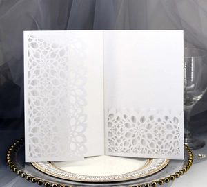 Detail showing the intricate laser-cut floral pattern and pocket of white wedding card