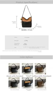 Detailed view of the contrast color bucket bag with size dimensions and plush pompom charm