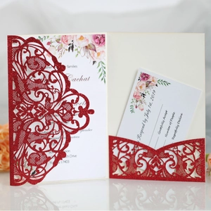Elegant red glitter laser-cut wedding invitation with floral insert and RSVP card