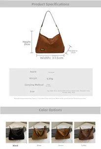 Détail montrant les dimensions du sac hobo en daim PU de 37,5 cm et choix de couleurs