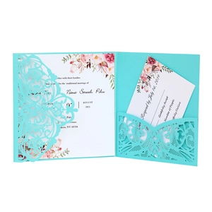 Navy blue laser cut lace wedding invitation with floral inner card and RSVP set