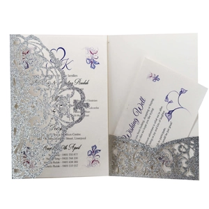 Elegant silver glitter laser cut wedding invitation with lace floral pattern and RSVP card
