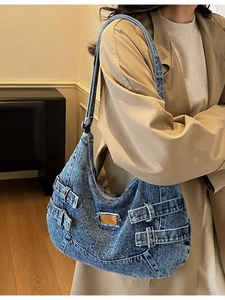 Japanese style vintage blue denim crossbody bag with large capacity for men and women