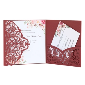 Burgundy laser cut wedding invitation set with floral hollow pocket and RSVP card