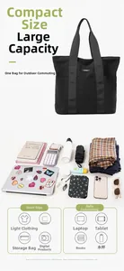 Detailed view of spacious black nylon tote bag showing interior storage capacity and pockets