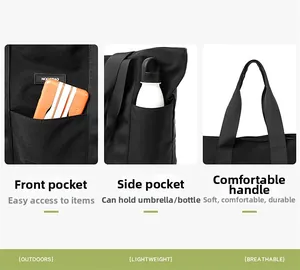 Detail view of large canvas tote bag with front pocket, side pockets, and durable handles
