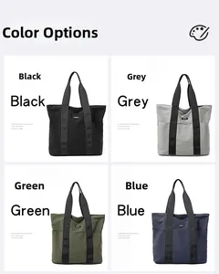Detailed grid view of tote bags in black, grey, green, and blue waterproof nylon fabric