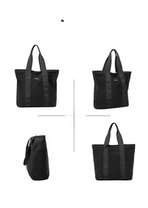 Four-angle view of black tote bag showing spacious design and secure back zipper pocket