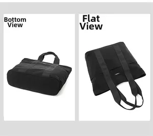 Detailed bottom structure and front flat view of a black canvas tote bag with wide handles
