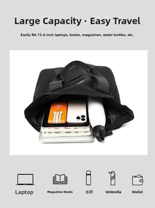 Internal view of large nylon tote bag showing laptop, books and daily essentials space
