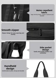 Close-up of waterproof fabric, smooth zipper, and side pocket on the black tote bag