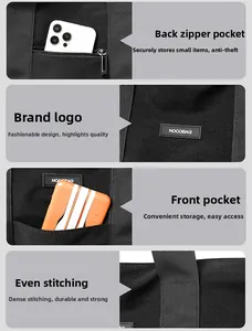 Detail of nylon shoulder bag featuring anti-theft back pocket and multi-pocket design