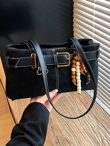 Sac à Épaule Vintage en Cuir PU pour Femmes Grande Capacité Sac Sous le Bras Rétro Surpiqûres Contrastées Pendentif en Perles Sac Décontracté de Bureau