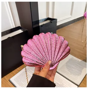 Pink glitter shell evening bag with golden chain strap for women formal occasion