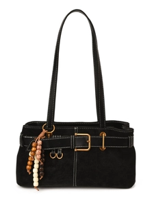 Sac bandoulière vintage noir avec coutures contrastées et détails boucle dorée