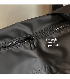 Macro shot of smooth metal zipper head and high-density waterproof nylon fabric