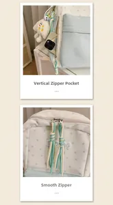 Detail of side vertical zipper pocket and smooth top double zippers on star print backpack
