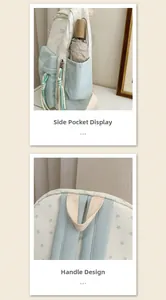 Detail of star pattern backpack showing side umbrella pocket and sturdy top handle