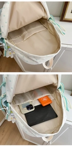 Detail view showing interior spacious compartments of white star pattern canvas backpack