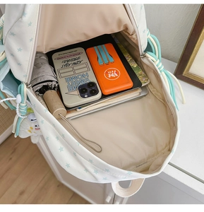 Spacious interior of the white backpack featuring blue stars and metal zipper details