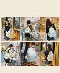 Collage of aesthetic color block canvas backpacks with cute plush charms for students
