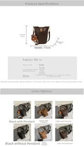 Detail view of the PU leather bucket bag dimensions and multi-color options available