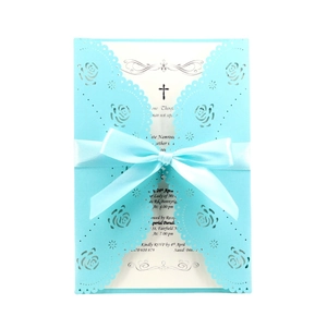 Light blue laser cut rose wedding invitation with silk ribbon and white insert card