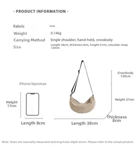 Detailed size specifications of the lightweight beige crescent bag with iPhone reference