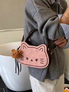 Borsa a tracolla gatto rosa e marrone con dettagli ricamati e ciondolo a forma di orsetto