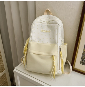 Close-up of RKDBAG canvas backpack featuring yellow star patterns and durable zipper details