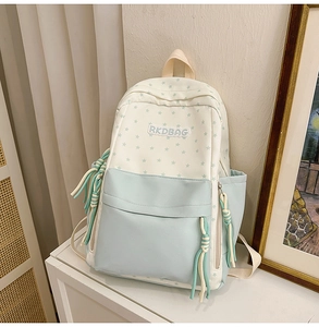 Detail of blue and white contrast backpack featuring star print and RKDBAG patch