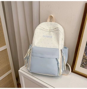 Close-up of star pattern fabric and RKDBAG embroidery on the blue and white backpack